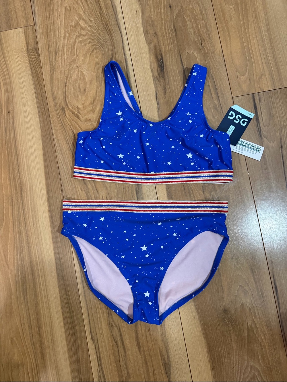 DSG Blue Star Print Girls' Two-Piece Swim Set with Striped Waistband